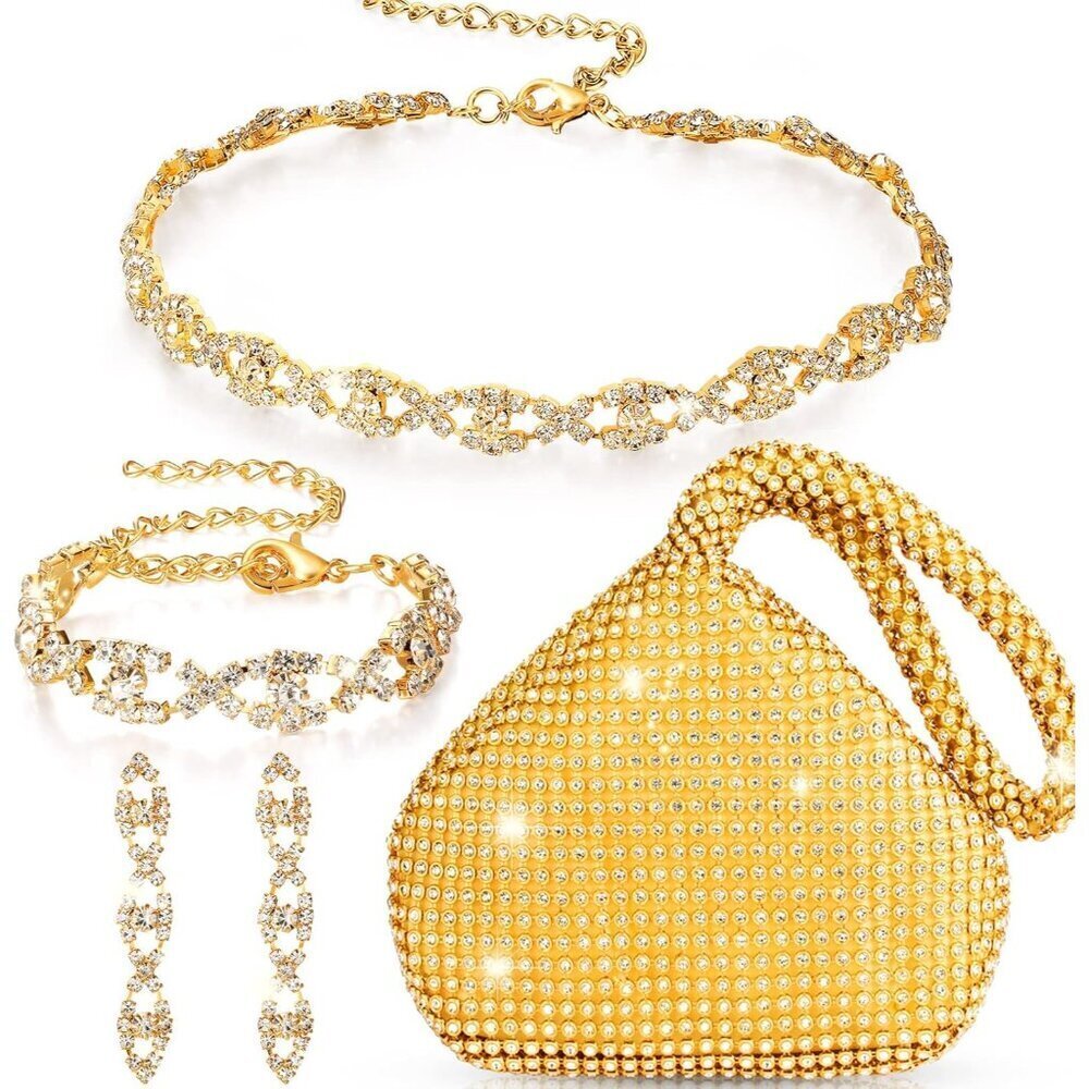 Jewelry Set Rhinestone Necklace Bracelet Earrings Purse Women's Party Accessory